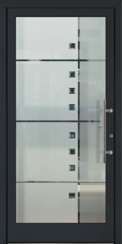 Sandstrahlmotiv mit geschliffenen
Glasapplikationen im Glaszwischenraum
2-Stufen-Satinierung mit Klarglasstreifen
RAL 7024