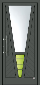 45°-Nuten in der Füllung
Floatglas, klar
unten: Antik grün
Edelstahlzierstreben
RAL 7012